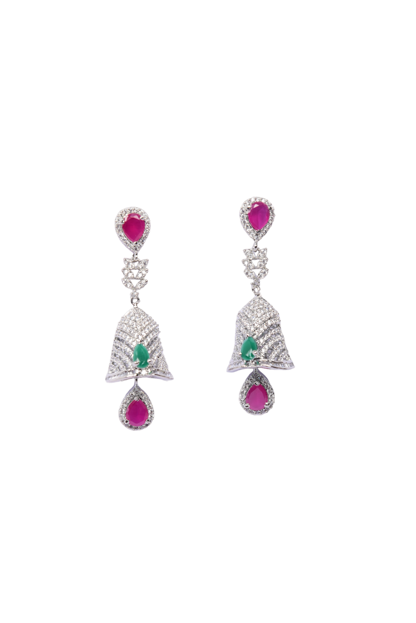 Namokriti Stunning Bell Shaped crafted Rhodium plated Modern Jhumka earring ,Geometric Leaf Pattern adorned with sparkling American Diamond Ruby pink  & Green stones studded for Womens and Girls